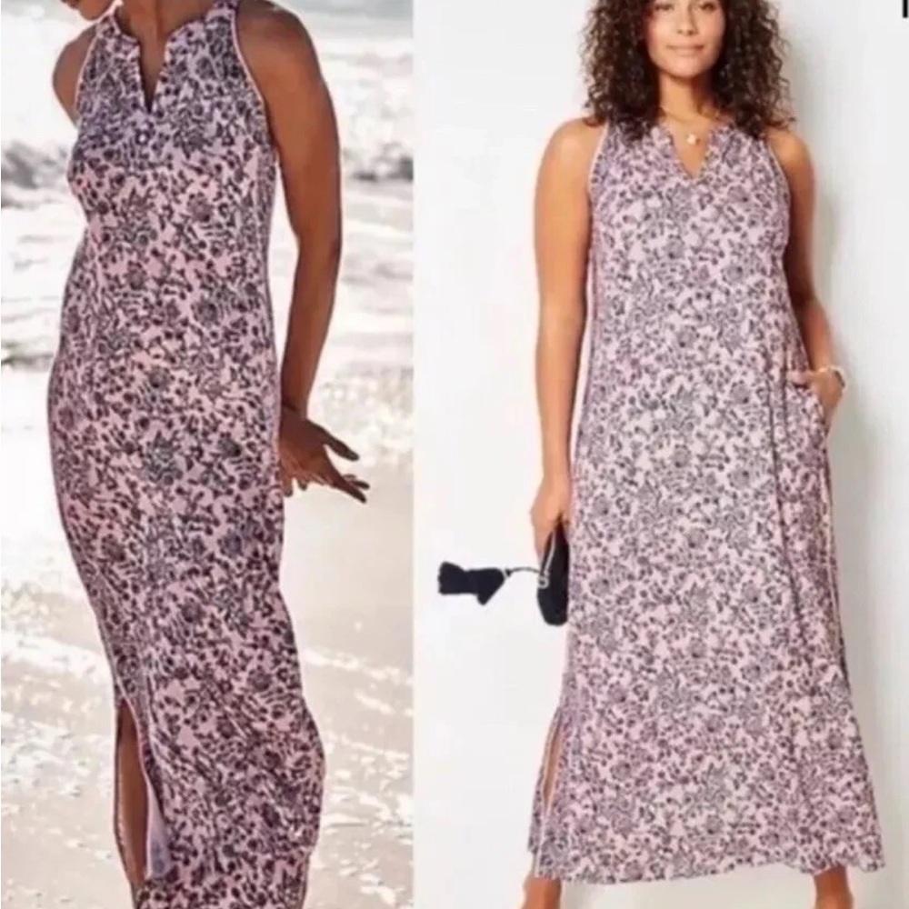 J Jill Island Breeze Blush Pink Blue Floral Maxi Dress Fairy Sleeveless Bloom